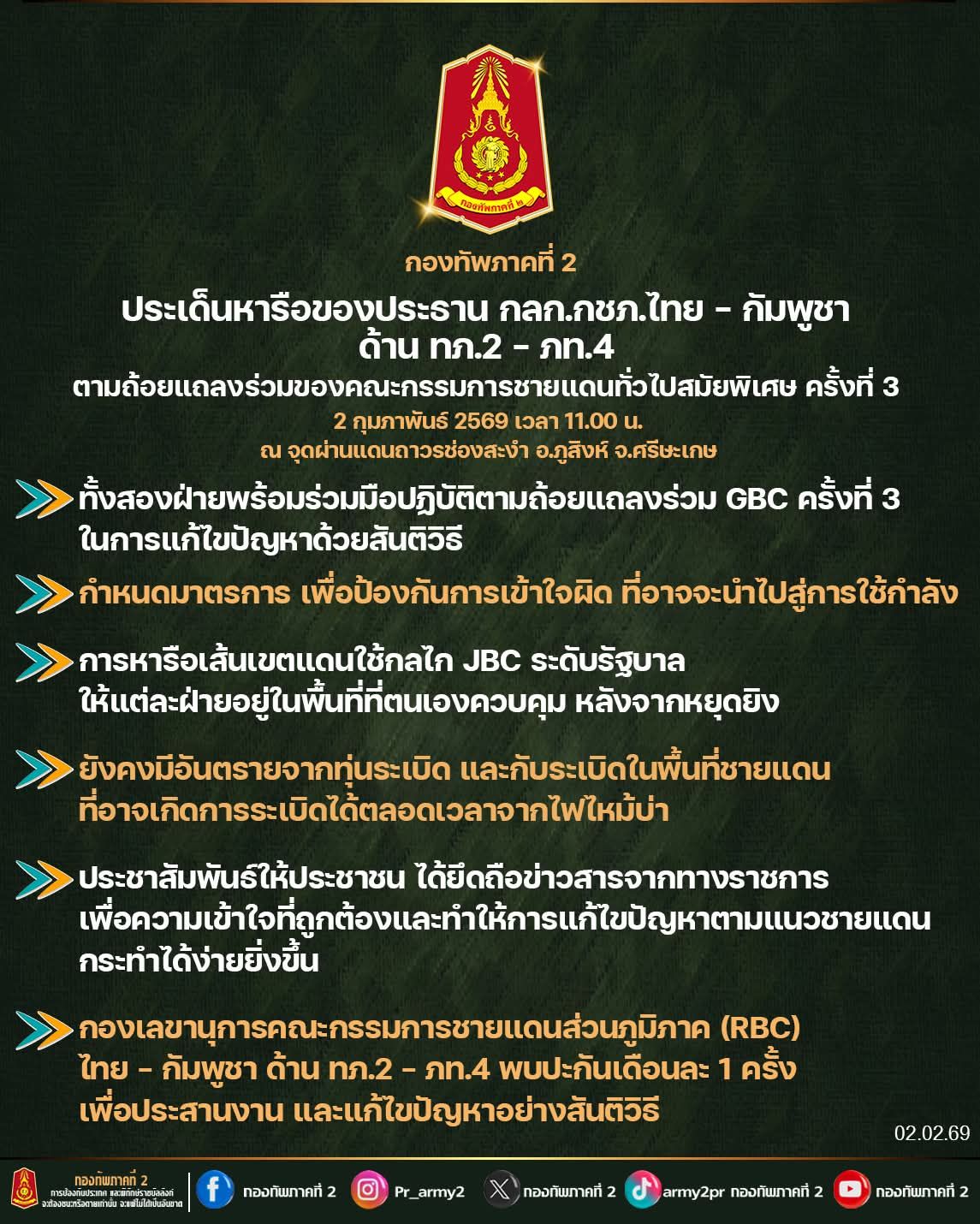 "การประชุมหารือของประธานกองเลขานุการ คณะกรรมการชายแดนส่วนภูมิภาค ไทย-กัมพูชา ด้านกองทัพภาคที่ 2 - ภูมิภาคทหารที่ 4 ณ จุดผ่านแดนถาวรช่องสะงำ อำเภอภูสิงห์ จังหวัดศรีสะเกษ"