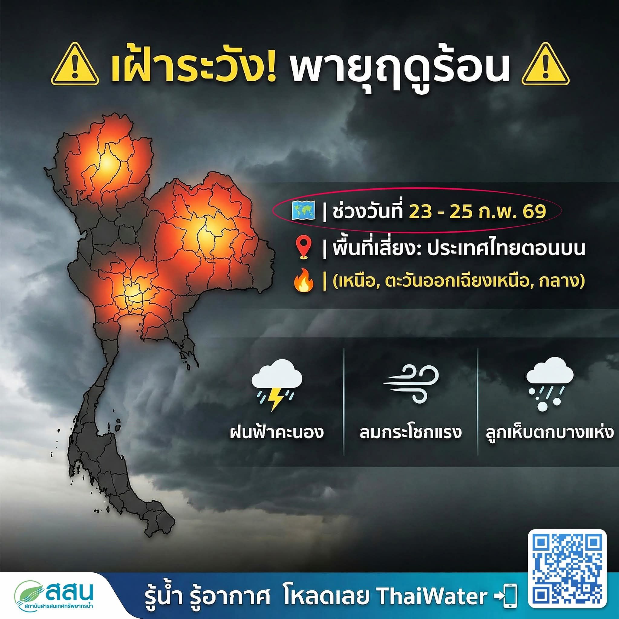 เฝ้าระวังพายุ ! ⚡️ พายุฤดูร้อน ช่วงวันที่ 23-25 ก.พ. 69 🌤️