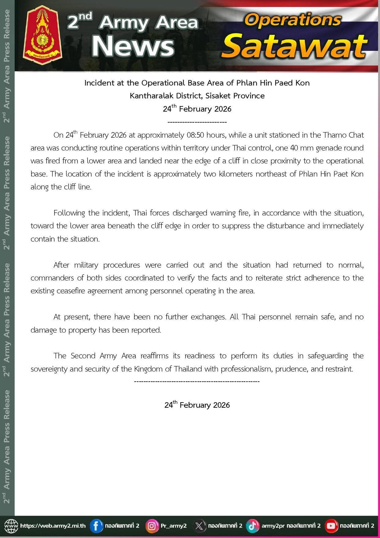 Press Statement Incident at the Operational Base Area near Phlan Hin Paet Kon Kantharalak District, Sisaket Province 24 February 2026