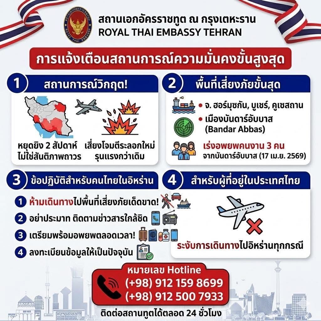 ⚠️ (15 เม.ย. 69) กรมการกงสุล กระทรวงการต่างประเทศ ประกาศแจ้งเตือนสถานการณ์ความมั่นคงขั้นสูงสุด จากสถานเอกอัครราชทูต ณ กรุงเตหะราน