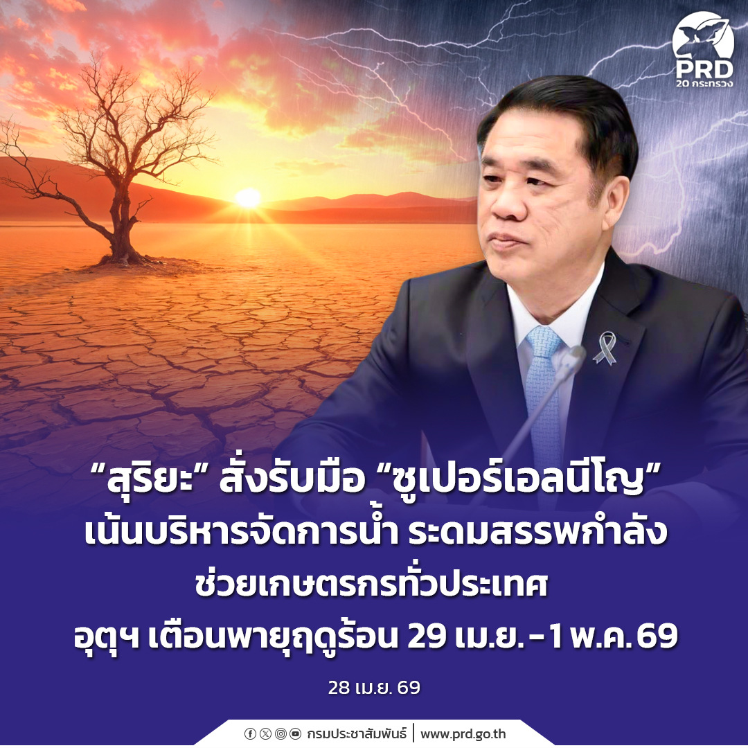 &ldquo;สุริยะ&rdquo; สั่งรับมือ &ldquo;ซูเปอร์เอลนีโญ&rdquo; กรมชลฯ - ฝนหลวง ระดมสรรพกำลังช่วยเกษตรกรทั่วประเทศ อุตุฯ เตือนพายุฤดูร้อน 29 เม.ย. - 1 พ.ค. 69