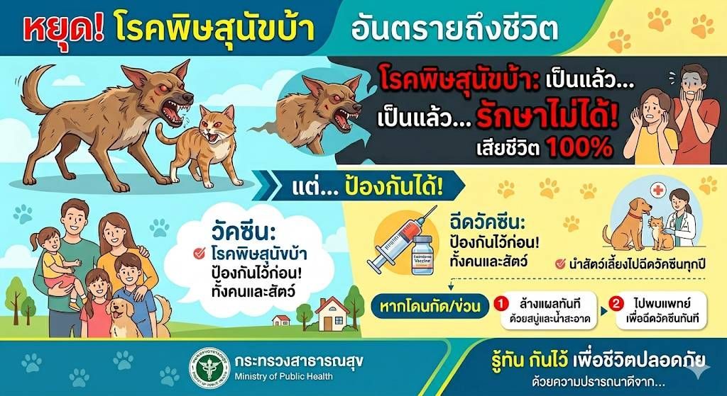 💥 หยุด ! โรคพิษสุนัขบ้า 🐕 อันตรายถึงชีวิต โรคพิษสุนัขบ้า เป็นแล้วรักษาไม่ได้! แต่..ป้องกันได้