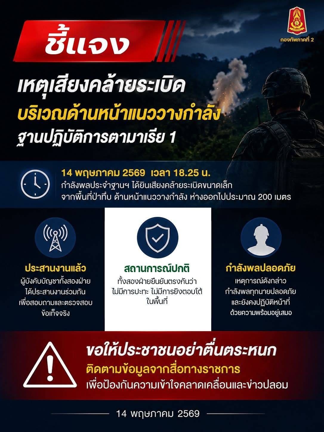📌 ชี้แจงกรณีได้ยินเสียงคล้ายระเบิดบริเวณพื้นที่ด้านหน้าแนววางกำลัง ฐานปฏิบัติการตามาเรีย