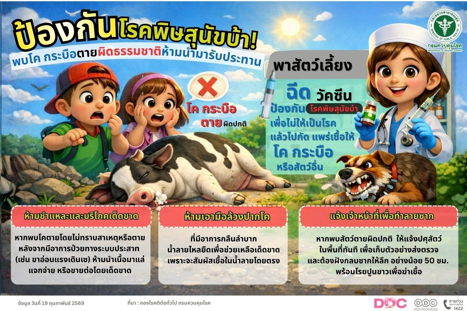 💥 ​ป้องกันโรคพิษ​สุนัข​บ้า​ พบ โค​- กระบือ​ ตามผิดธรรมชาติ​ ❌​ ห้าม​ นำมารับประทาน​ ‼️