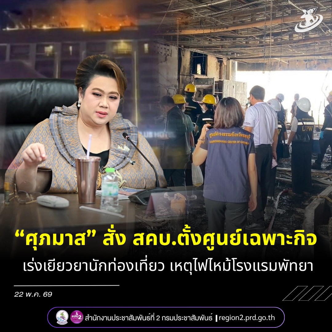 📌 &ldquo;ศุภมาส&rdquo; สั่ง สคบ. ตั้งศูนย์รับเรื่องร้องเรียนเฉพาะกิจ เหตุไฟไหม้ &ldquo;โรงแรมซันเดย์ เจ.เอ. พลัส&rdquo; พัทยา เร่งดูแลนักท่องเที่ยวถึงที่ คุ้มครองสิทธิเยียวยาเต็มกำลัง