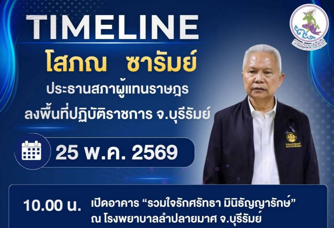 📌 25 พฤษภาคม 2569 ติดตามภารกิจ นายโสภณ ซารัมย์ ประธานสภาผู้แทนราษฎร ลงพื้นที่ เพื่อ เปิดอาคาร "รวมใจรักศรัทธา มินิธัญญารักษ์"