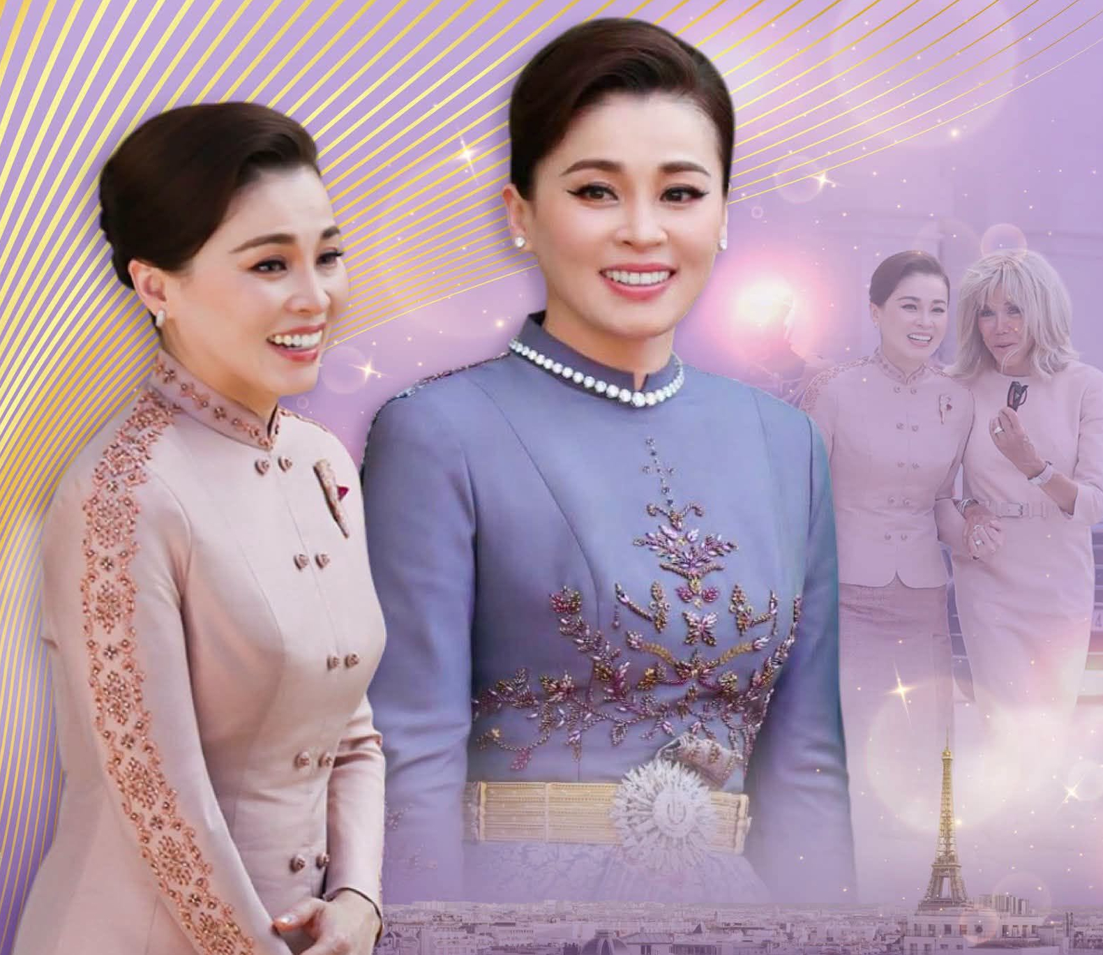 ในการเสด็จพระราชดำเนินเยือนสาธารณรัฐฝรั่งเศสอย่างเป็นทางการ เมื่อวันที่ ๒๙ มิถุนายน ๒๕๖๙ สมเด็จพระนางเจ้า ฯ พระบรมราชินี ทรงฉลองพระองค์ ชุดไทยอมรินทร์โทนชมพูอ่อน ในการเสด็จพระราชดำเนินร่วมพิธีรับเสด็จอย่างเป็นทางการ