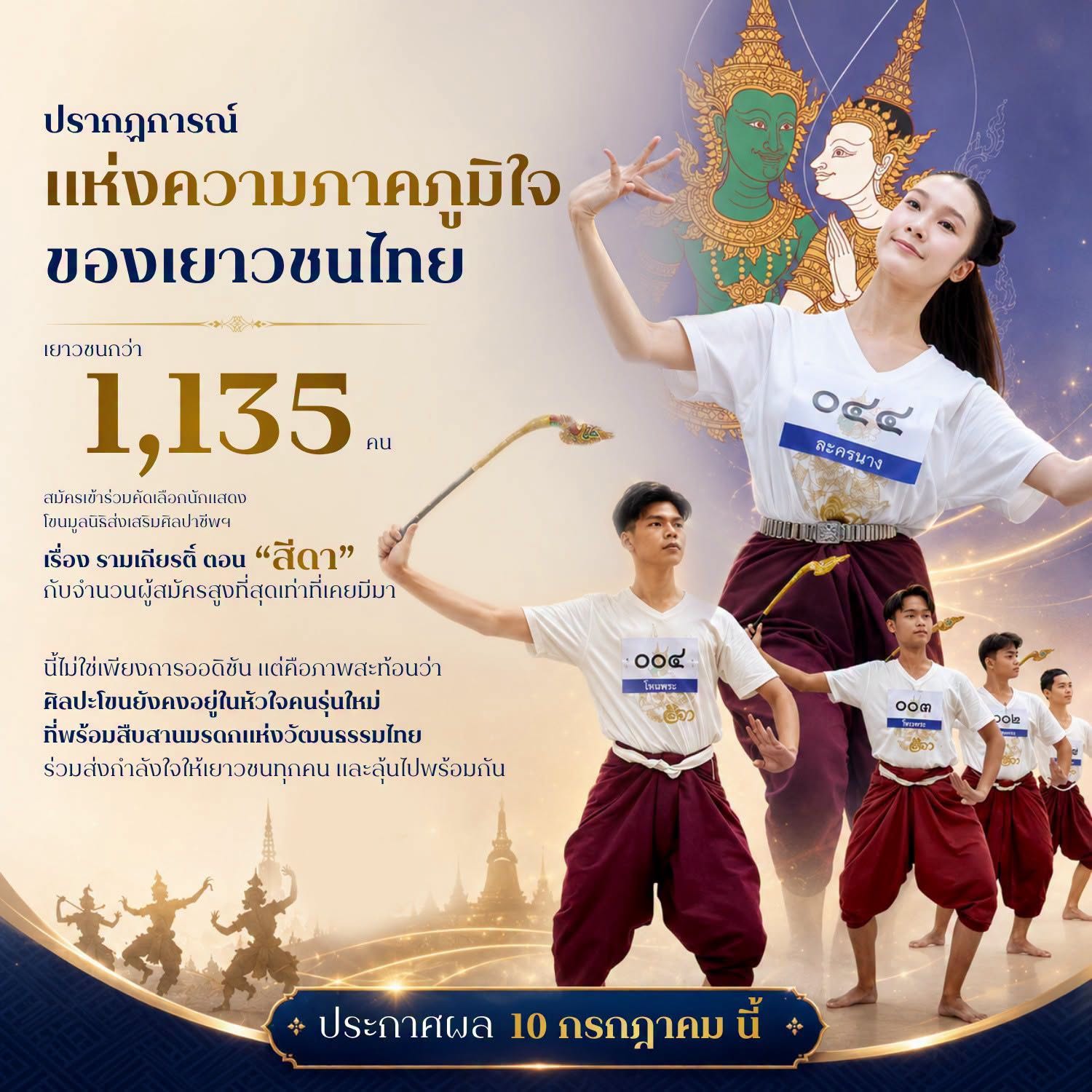 📌 ปรากฏการณ์แห่งความภาคภูมิใจของเยาวชนไทยเยาวชนกว่า ๑,๑๓๕ คน สมัครเข้าร่วมคัดเลือกนักแสดงโขนมูลนิธิส่งเสริมศิลปาชีพฯ เรื่อง รามเกียรติ์ ตอน &ldquo;สีดา&rdquo; กับจำนวนผู้สมัครสูงที่สุดเท่าที่เคยมีมา