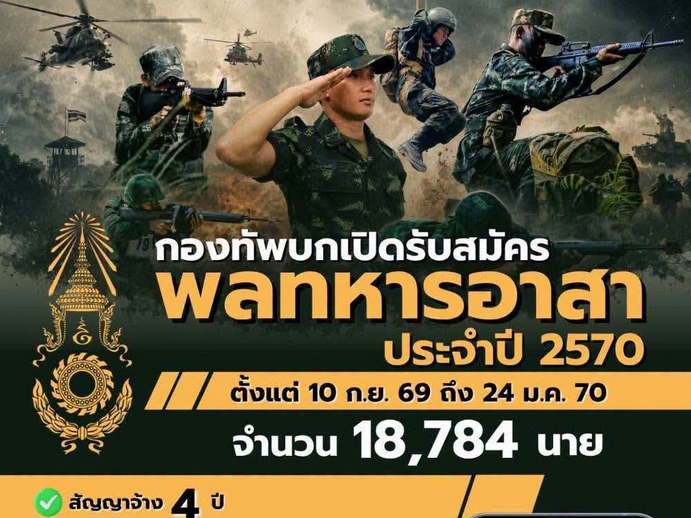📣กองทัพบก เปิดรับสมัคร &ldquo;พลทหารอาสา&rdquo; ประจำปี 2570 โอกาสสำหรับคนรุ่นใหม่ที่ต้องการก้าวเข้าสู่เส้นทางอาชีพ พร้อมพัฒนาตัวเองไปกับกองทัพบก 📅 เปิดรับสมัคร 10 ก.ย. 69 &ndash; 24 ม.ค. 70