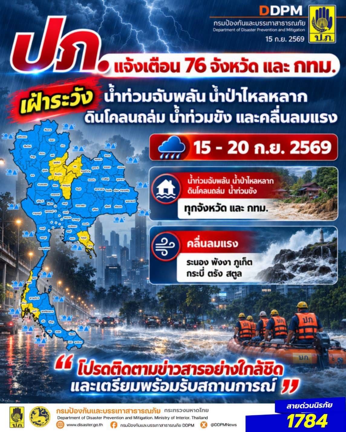 ⛈️⛈️ ปภ. แจ้ง 76 จังหวัดทั่วประเทศ และ กทม. เฝ้าระวังน้ำท่วมฉับพลัน น้ำป่าไหลหลาก ดินโคลนถล่ม น้ำท่วมขัง และคลื่นลมแรง ช่วงวันที่ 15 - 20 ก.ย. 69