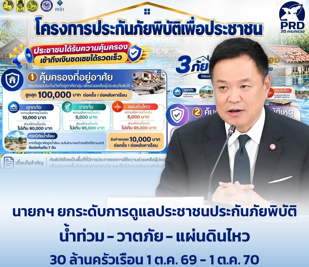 นายกฯ ยกระดับการดูแลประชาชนประกันภัยพิบัติ น้ำท่วม&ndash;วาตภัย&ndash;แผ่นดินไหว 30 ล้านครัวเรือน 1 ต.ค. 69 - 1 ต.ค. 70